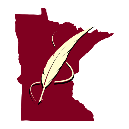 A quill over a solid outline of the state of Minnesota